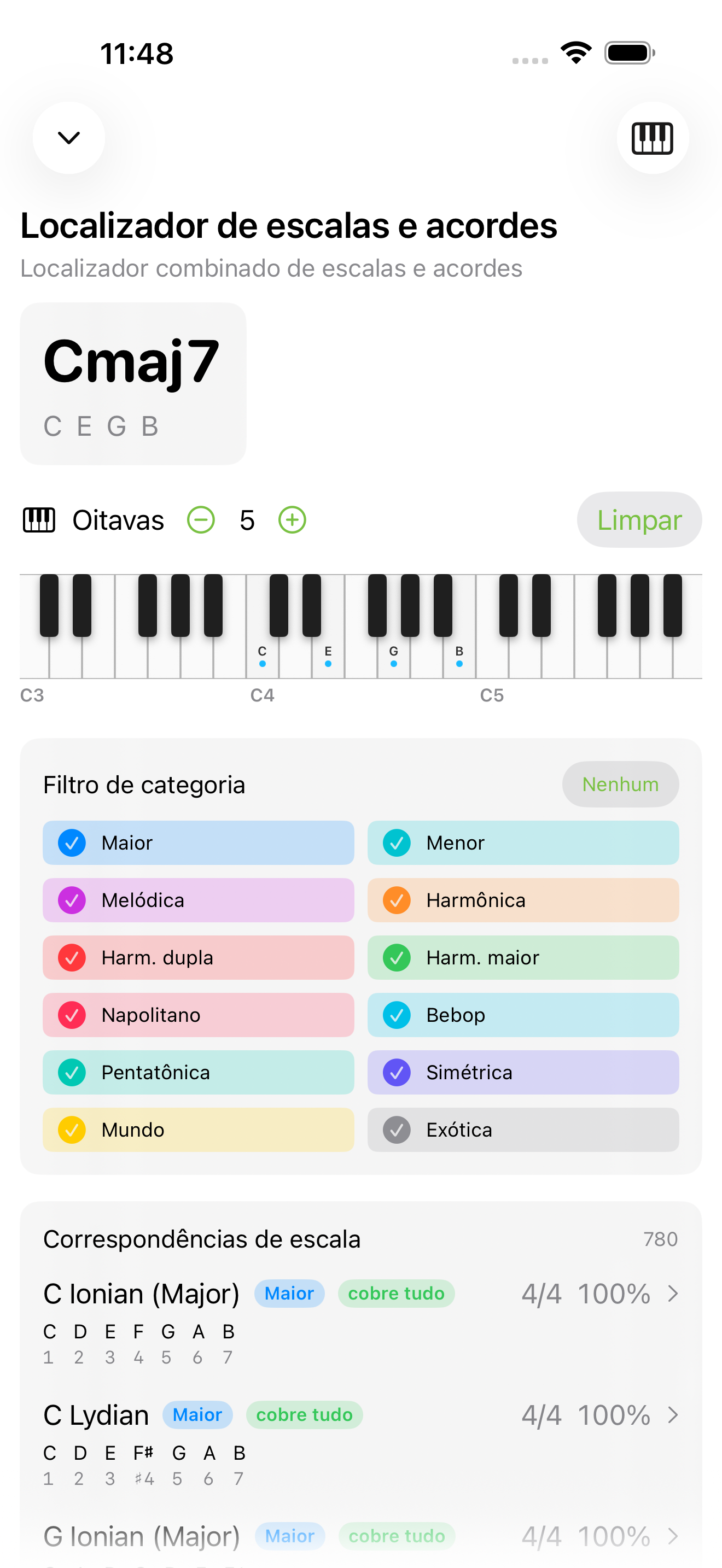 Visualização detalhada de acorde no iPhone